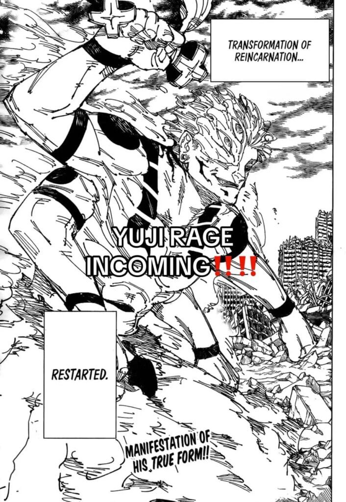 Jujutsu kaisen chapter 238 starts with Sukuna showing his new form and boasting on how he is too powerful for them.